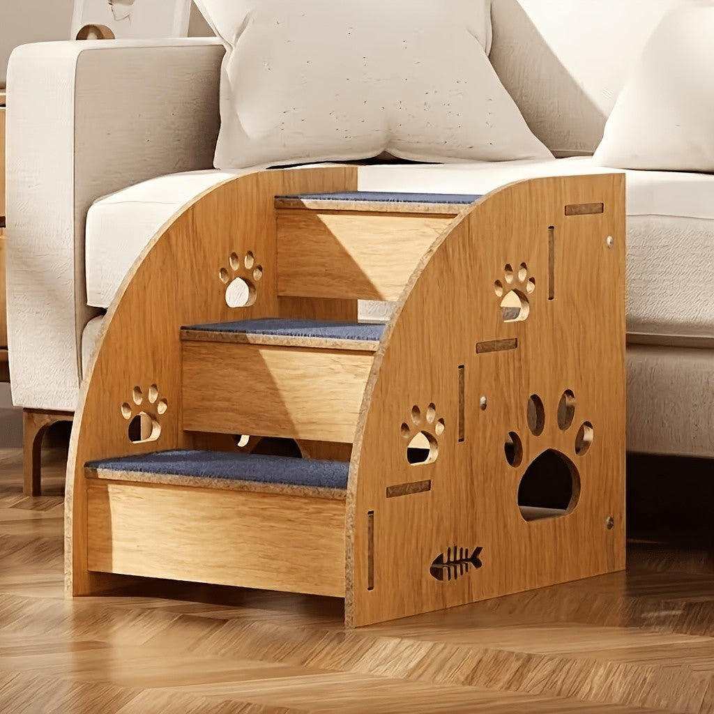 Pet Stairs for Bed and Couch, 15-Inch Three-Tier Dog and Cat Steps with Non-Slip Surface, Side Railings and Compact Ramp-Style Design