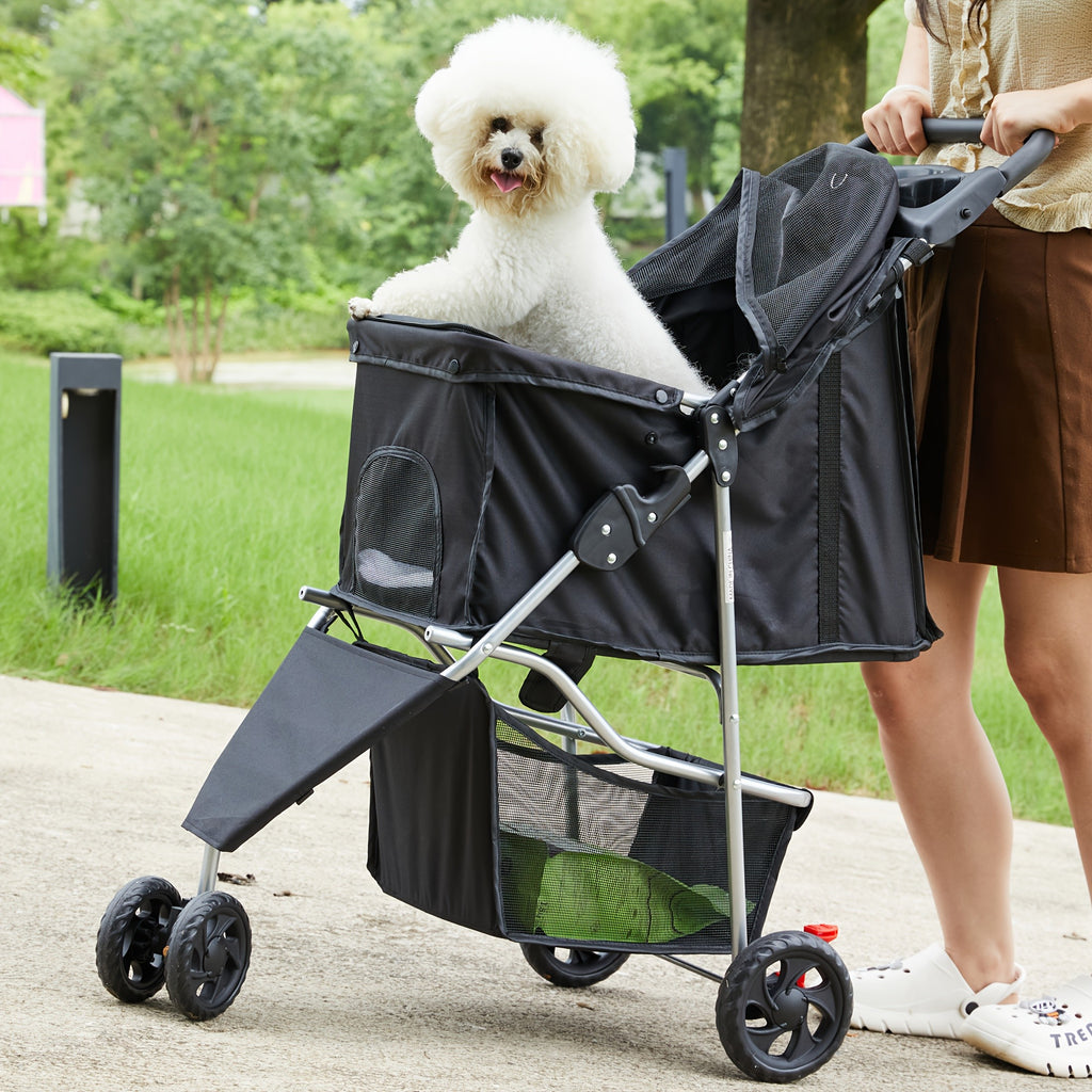 3-in-1 Pet Stroller in Black for Small and Medium Dogs and Cats, Lightweight Foldable Pushchair with Storage Basket and Cup Holder for Walks and Vet Visits
