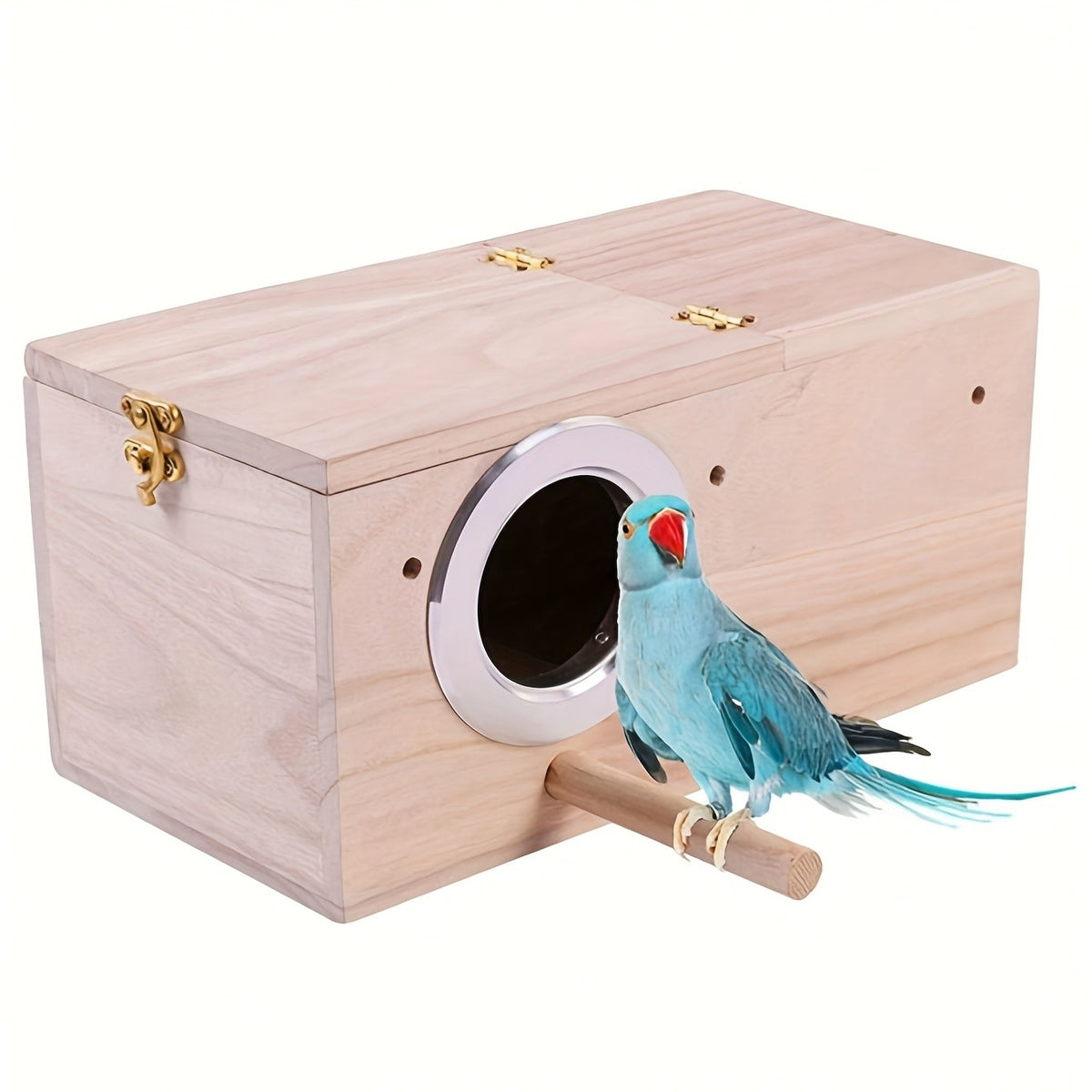 Parakeet Nest Box with Hinged Inspection Lid, Wooden Bird Breeding House with Metal-Rimmed Entrance and Perch, Compact Wood Color Cage Accessory