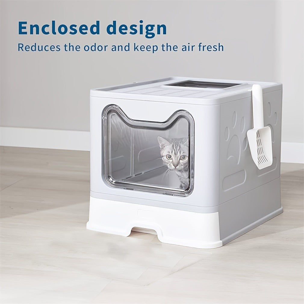 Foldable Cat Litter Box with Drawer Tray and Scoop, Large Plastic Top-Entry Kitty Toilet with Perforated Lid for Indoor Cat Potty Care