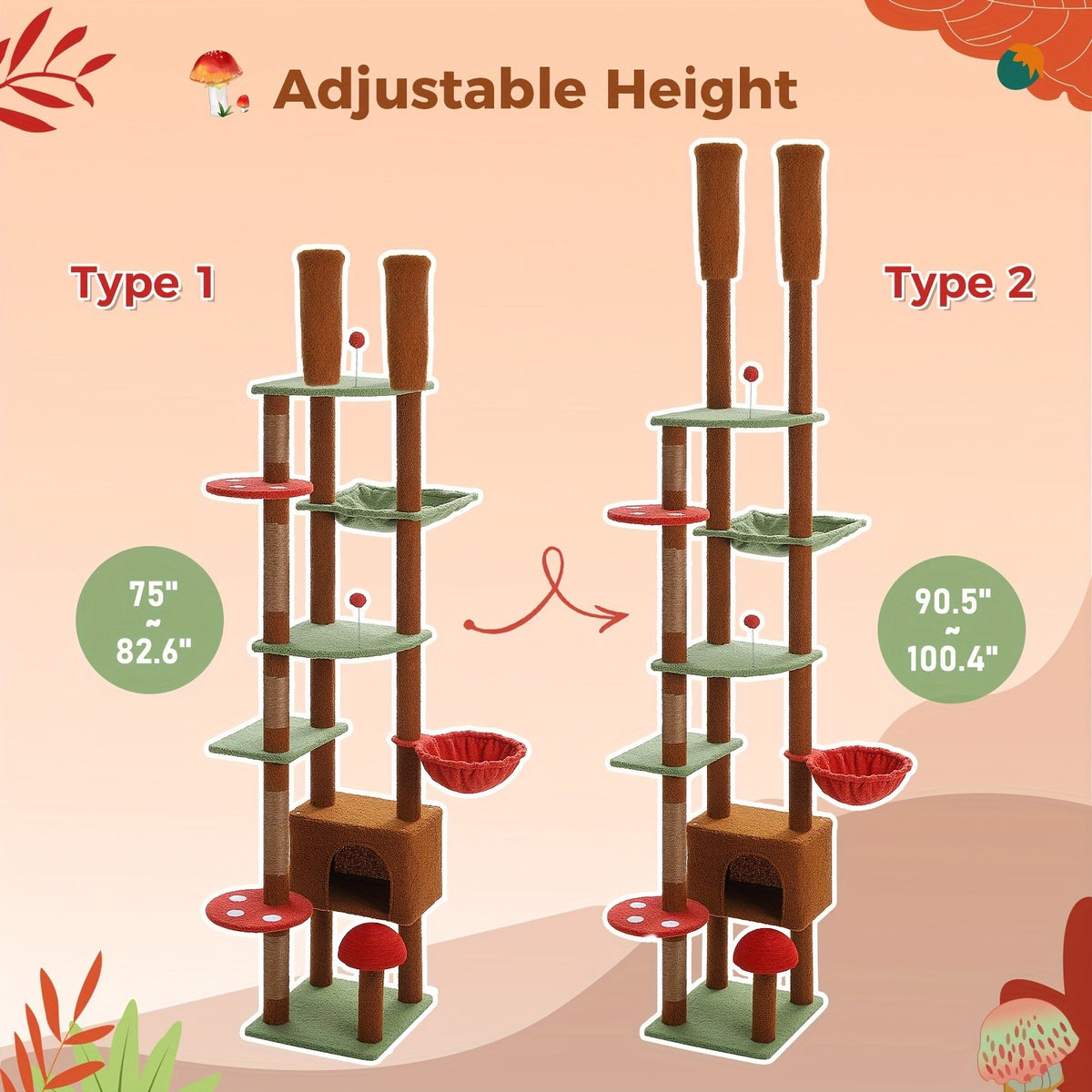 Adjustable Floor to Ceiling Cat Tree 90.5–100.4 Inches, Dual Top Support Indoor Tower with Condo, Hammocks, Climbing Platforms and Scratching Posts