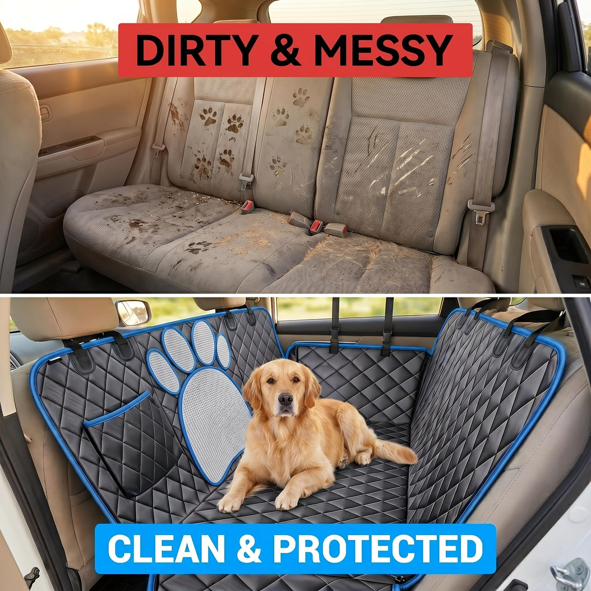 Mesh Dog Car Hammock Seat Cover, Anti-Slip 600D Heavy-Duty Rear Seat Protector for Pet Travel in Sedans, Trucks and SUVs, Blue or Black Trim