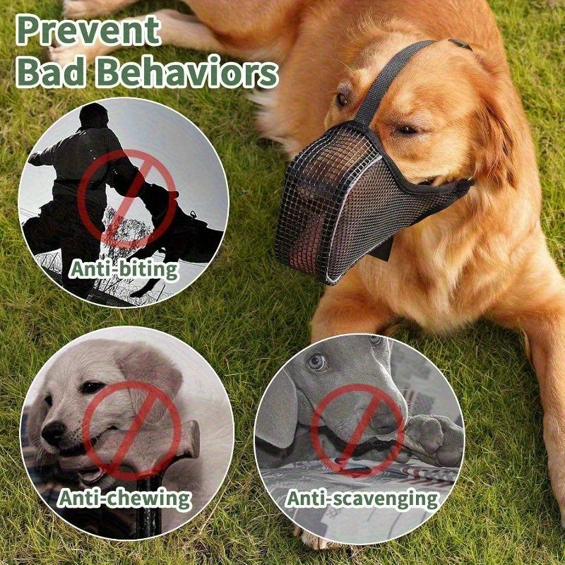 Full Coverage Mesh Dog Muzzle Mask 2-Pack in Black, Reflective Polyester Design with Adjustable Straps for Supervised Grooming and Vet Visits