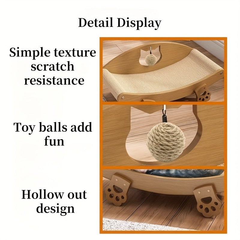 Cat Scratching Lounge with Hanging Ball Toy, Natural Sisal Pad and Solid Wood Curved Chair for Indoor Cats to Scratch, Stretch, Rest and Play