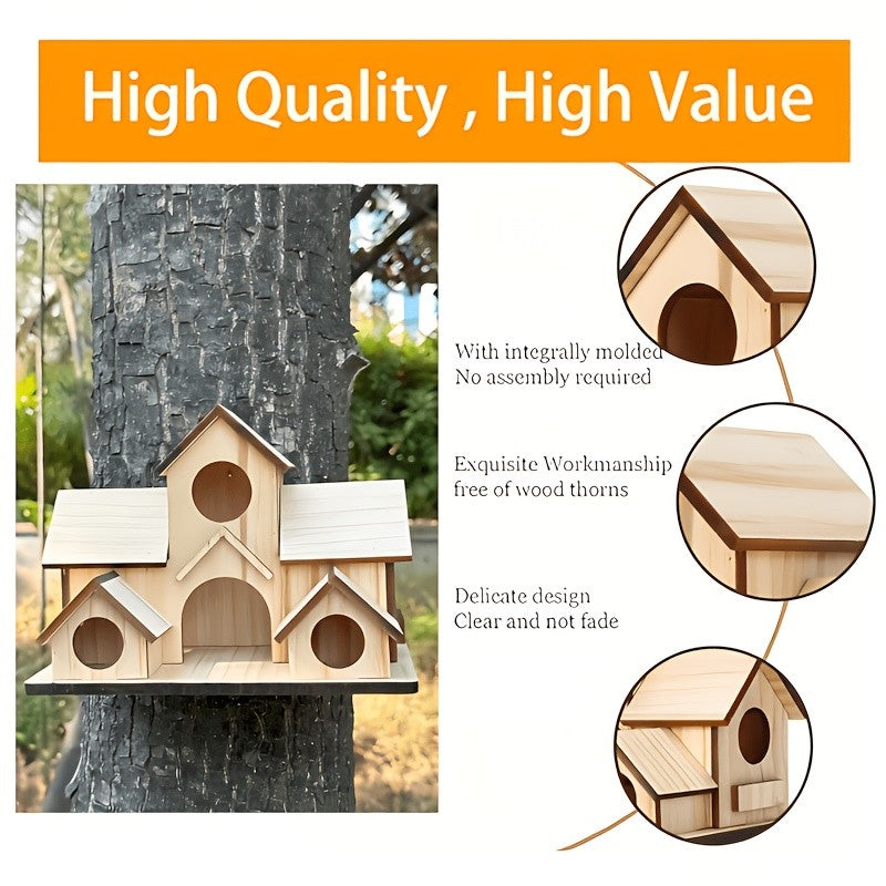 Rustic Outdoor Birdhouse in Dark Brown, Wooden Country Cottage Design with Multiple Entry Openings and Pitched Roofs for Garden and Yard Decor
