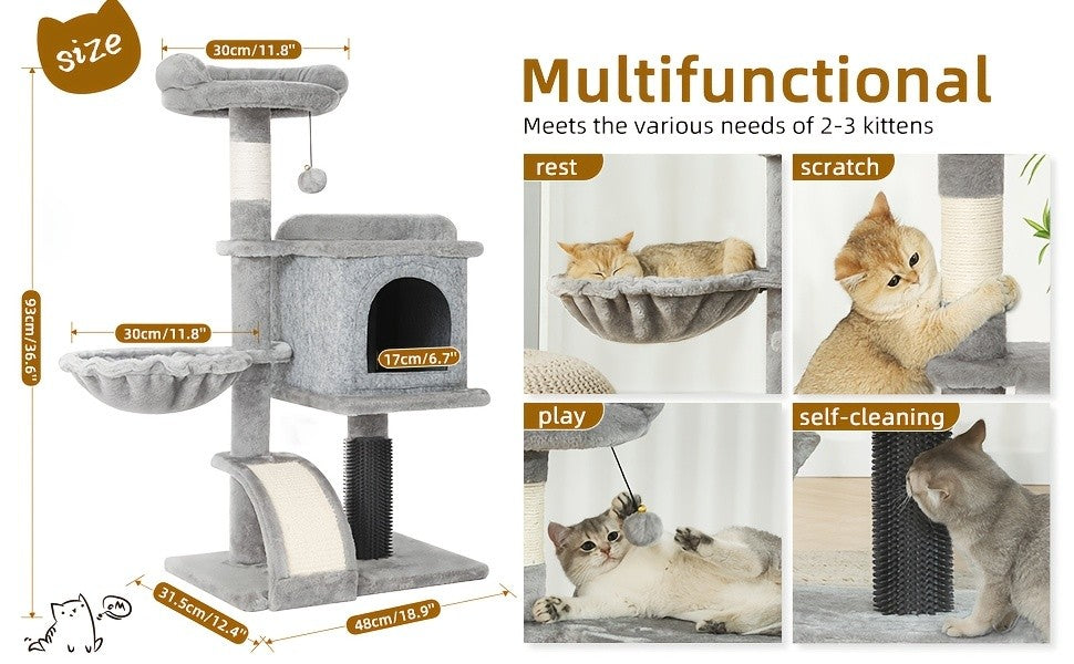 Cat Tree 36.6 Inch with Hammock and Plush Perch, Multi-Level Indoor Cat Climbing Tower with Sisal Scratching Post in Gray or Dark Gray