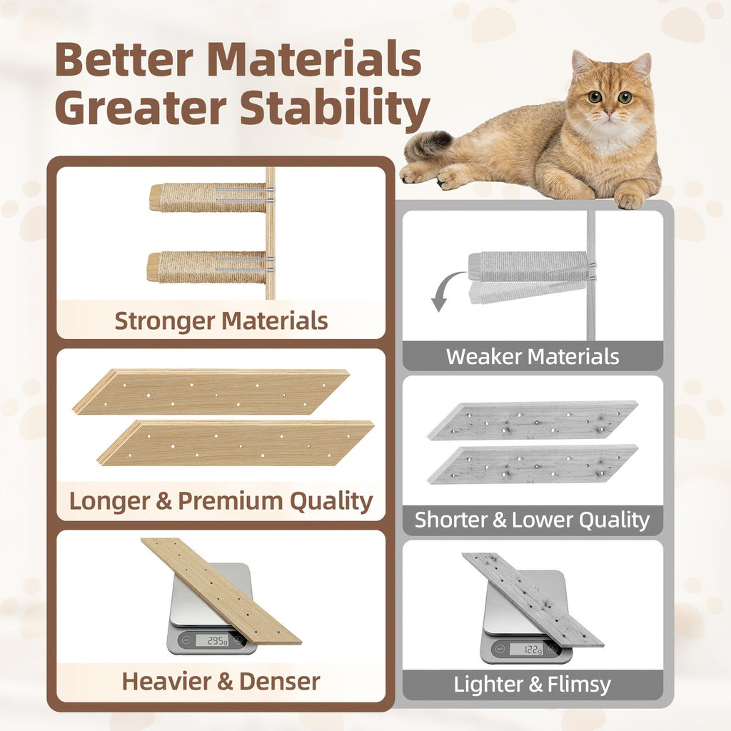 Wall Mounted Cat Steps and Hammock, 2 or 3 Piece Wooden Cat Wall Furniture with Felt Padding for Indoor Climbing, Scratching and Resting