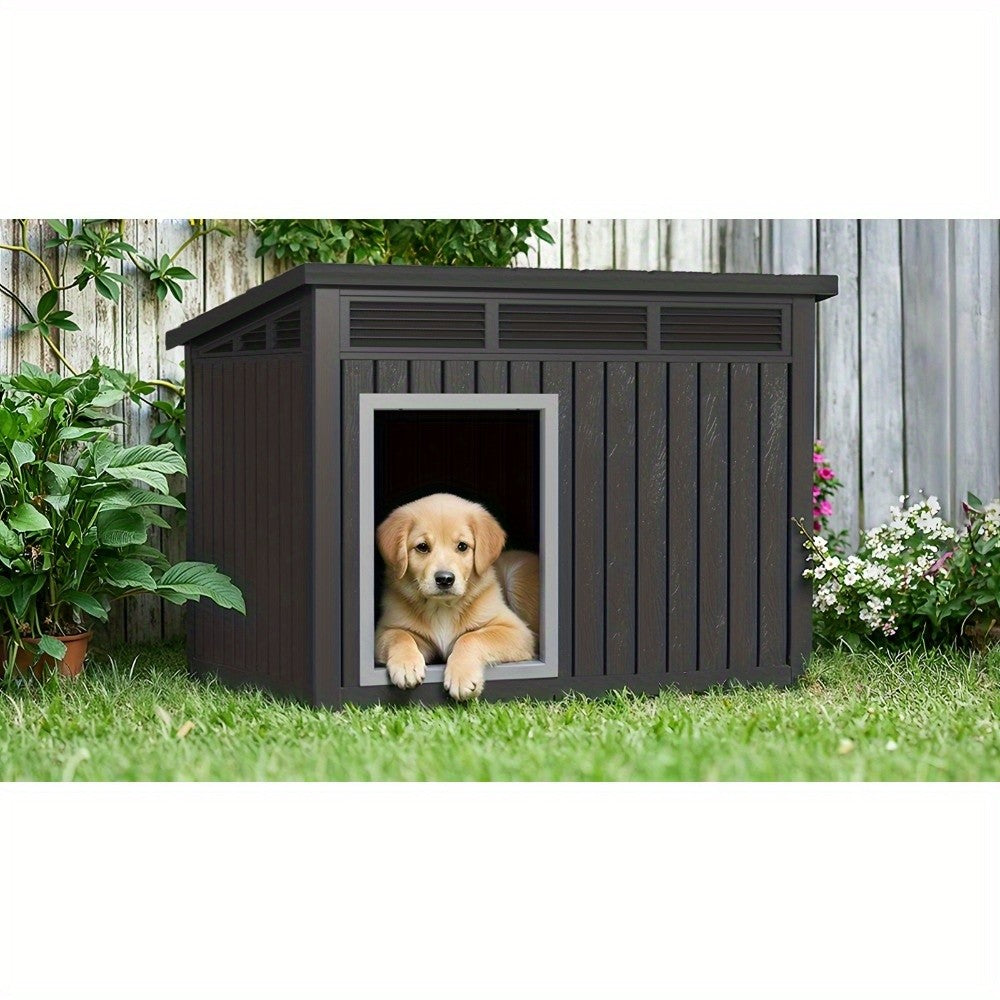 Resin Dog House 33 Inch with Slanted Roof and Ventilation Openings, UV-Resistant Outdoor Pet Shelter in Black or Grey for Backyard Rest