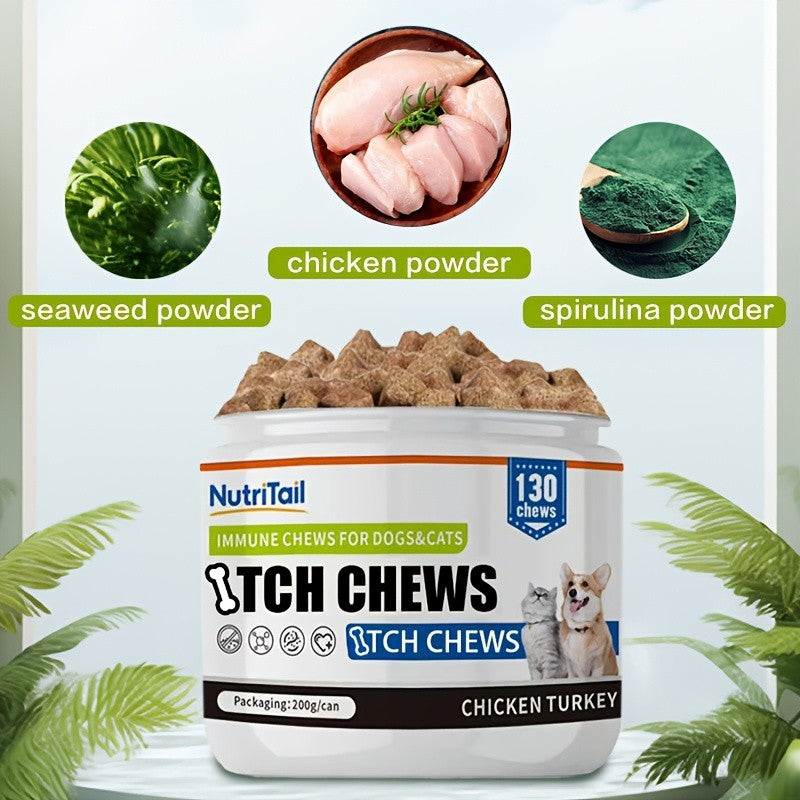 Pet Skin Care Chews for Dogs and Cats, NutriTail 200g Skin Chews with 130-Count Labeling, Probiotic and Quiet Moment Options for Daily Care