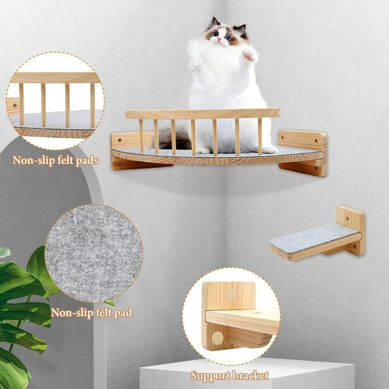 Wall Mounted Cat Bed with Climbing Steps, 5-Piece Wooden Cat Wall Furniture Set with Felt Pads and 13 x 13 Inch Platform for Small and Medium Cats