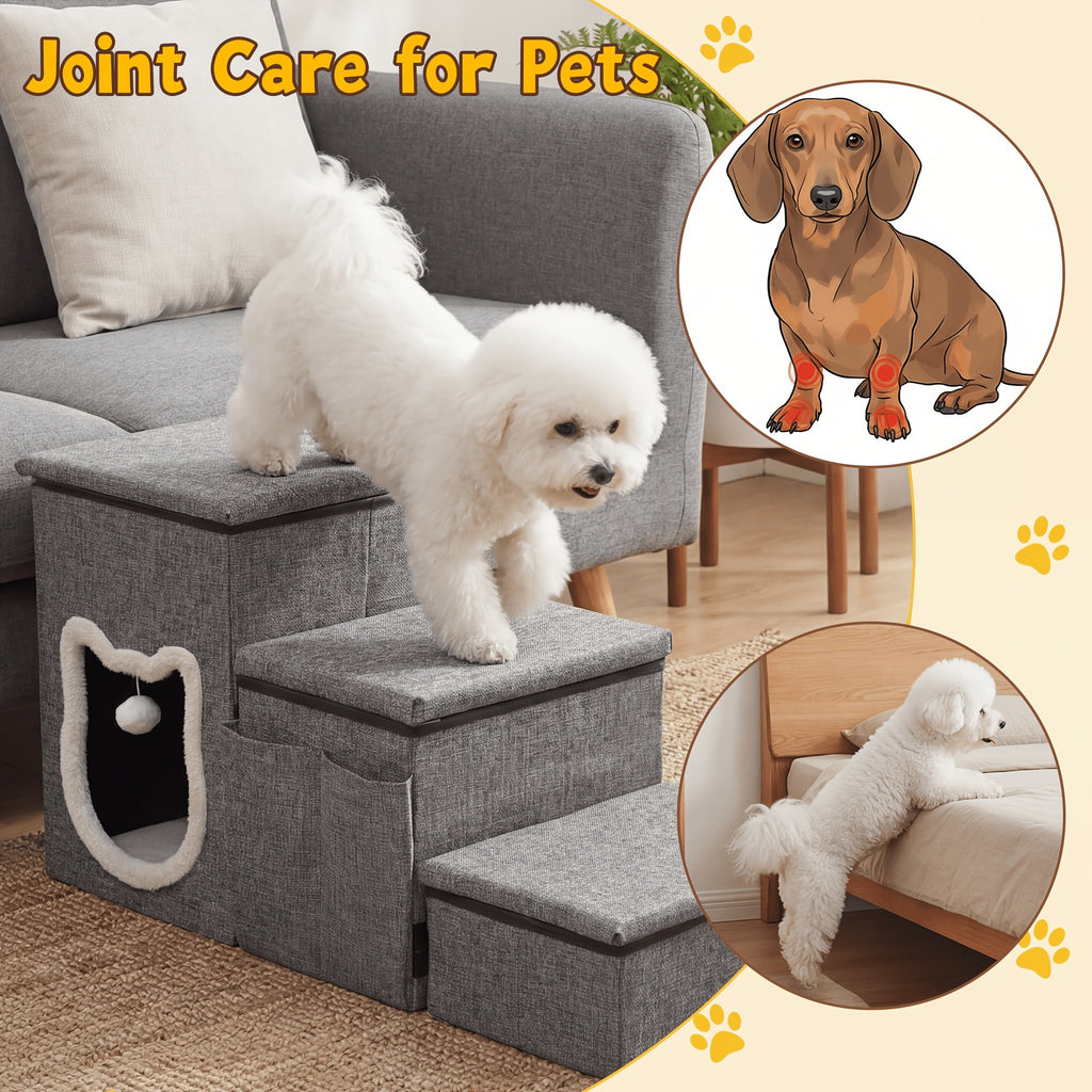 Pet Stairs with Storage for Bed and Sofa, Soft Cushioned Non-Slip Dog and Cat Steps in 2, 3 or 4 Tiers with Side Pocket or Grab Bar Style Options