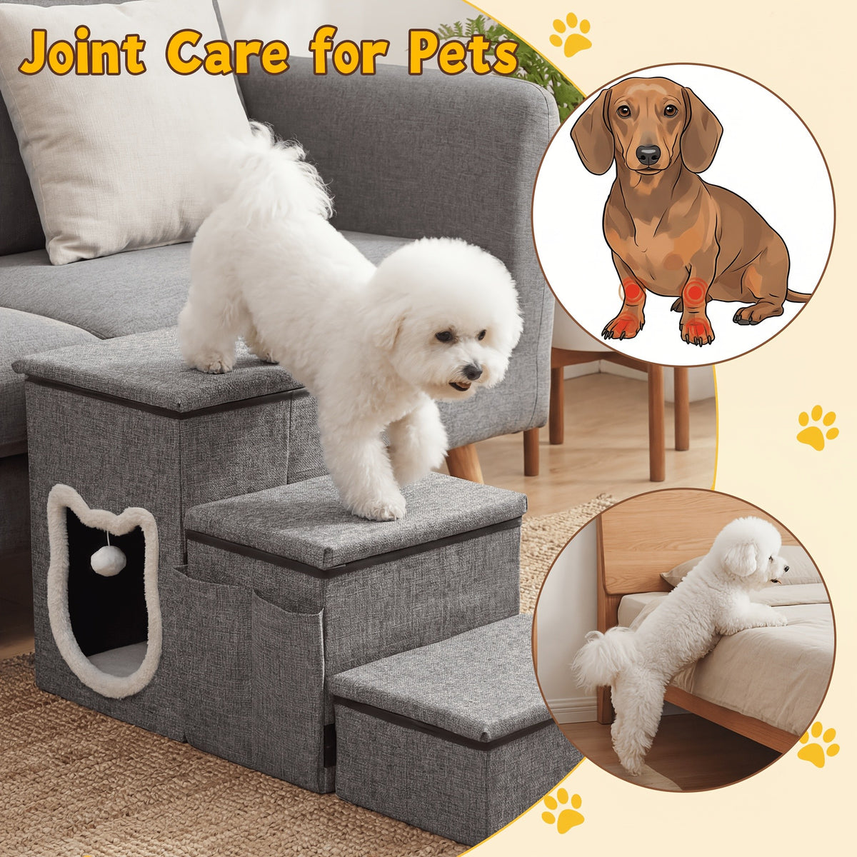 Pet Stairs with Storage for Bed and Sofa, Soft Cushioned Non-Slip Dog and Cat Steps in 2, 3 or 4 Tiers with Side Pocket or Grab Bar Style Options