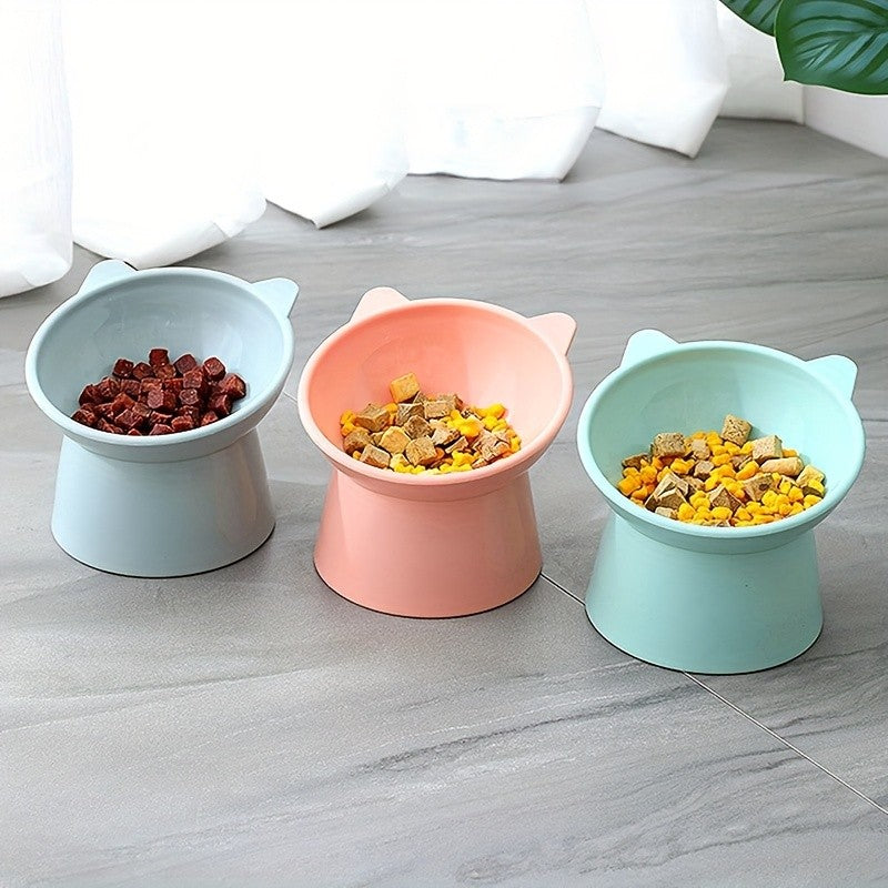 Raised Cat Bowls 3-Piece Color Set, Cat-Ear Shaped Elevated Pet Feeding Dishes with Anti-Slip Base in Blue, Pink and Green for Everyday Meals
