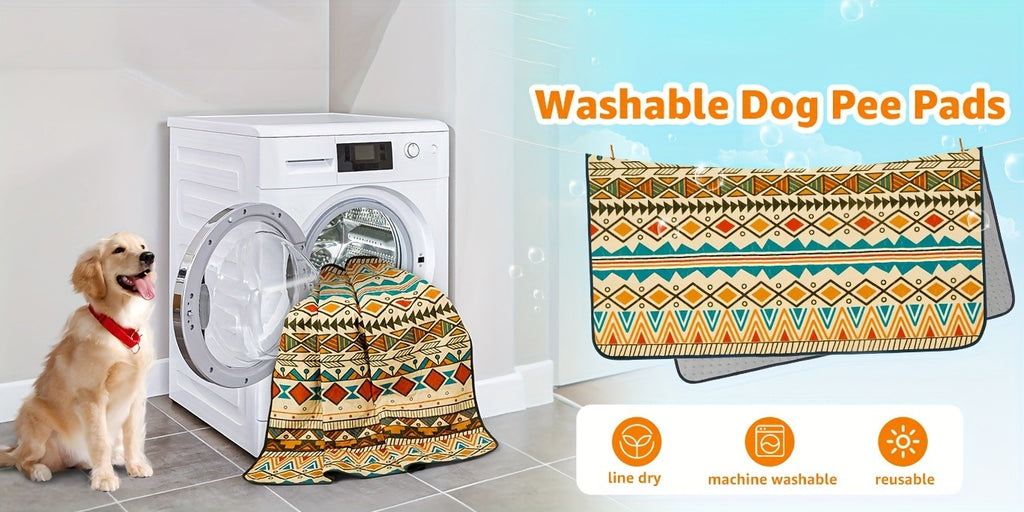 Dog Pee Pads with Retro Tribal Print, 2 Pack Washable Leakproof Puppy Training Mats with Non-Slip Backing for Crates, Playpens and Floors
