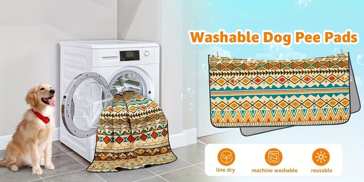 Dog Pee Pads with Retro Tribal Print, 2 Pack Washable Leakproof Puppy Training Mats with Non-Slip Backing for Crates, Playpens and Floors