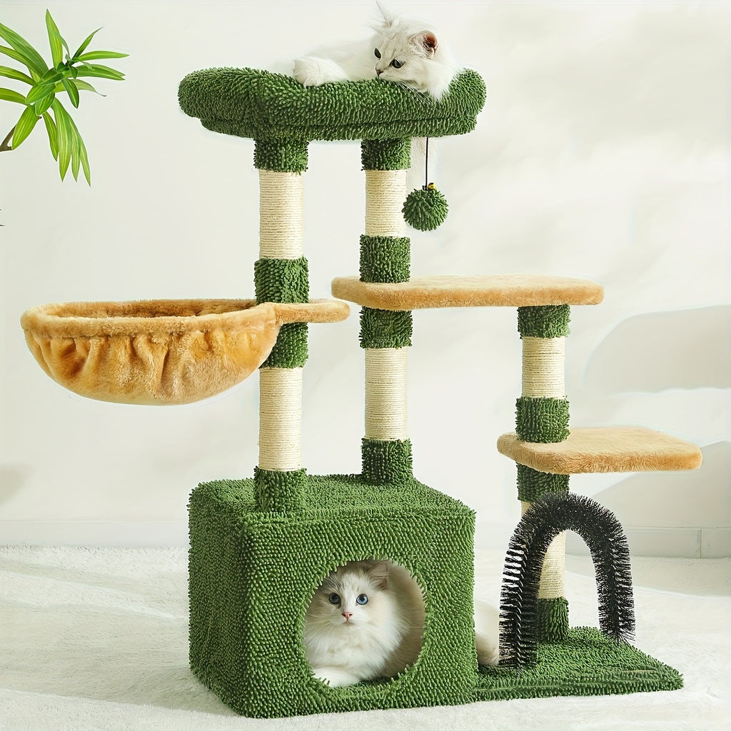 Nature Inspired Cat Tree with Plush Perch, Indoor Cat Tower with Scratching Surfaces, Condo Hideaway and Dangling Ball for Climbing, Play and Rest