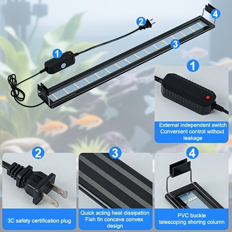 Aquarium Plant Light with Retractable Stand, Blue and White Fish Tank Lighting for Open-Top Home Aquariums, Five Sizes for 7.09-26.77 Inch Tanks
