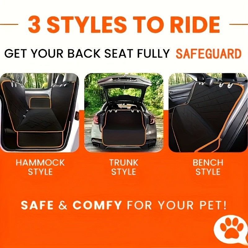 600D Dog Car Seat Cover, Foldable Padded Back Seat Hammock and Cargo Liner with Headrest Anchors for Cars, SUVs and Trucks, Black or Orange Trim