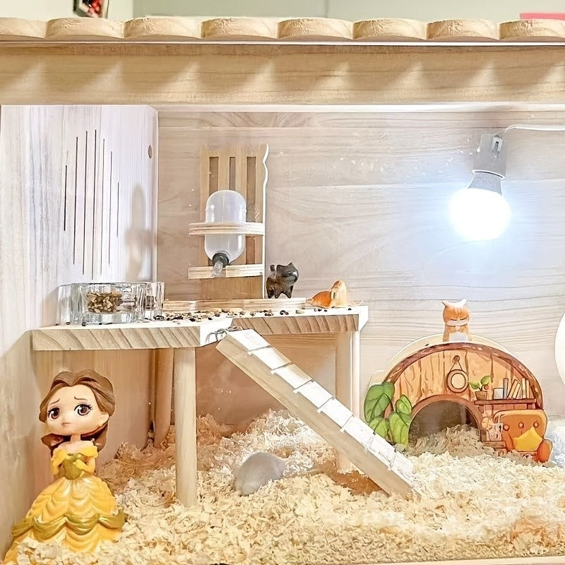 Hamster Climbing Platform with Ladder, Wooden Raised Cage Shelf and Underneath Hideaway Space for Golden Hamster Habitat Enrichment
