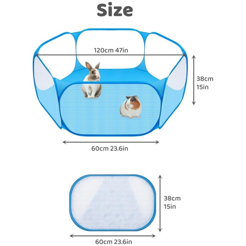 Portable Small Animal Playpen in Blue with Mesh Cover, Indoor Outdoor Pet Enclosure for Supervised Guinea Pig, Rabbit and Kitten Play