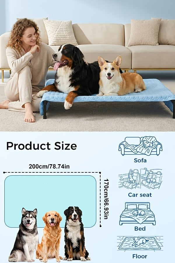 Extra Large Dog Cooling Mat for Dogs and Cats, 79 x 67 Inch Washable Non-Slip Summer Fabric Pad for Sofa Covers, Beds and Crate Liners, Blue