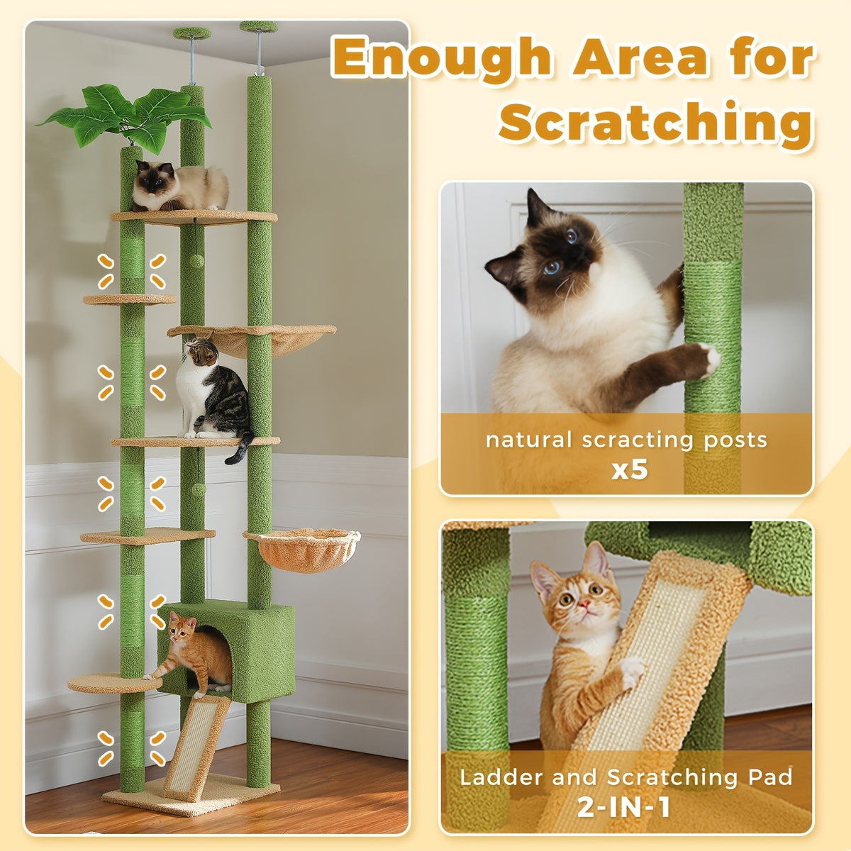 Adjustable Floor to Ceiling Cat Tree 90.5–100.4 Inches, Dual Top Support Indoor Tower with Condo, Hammocks, Climbing Platforms and Scratching Posts