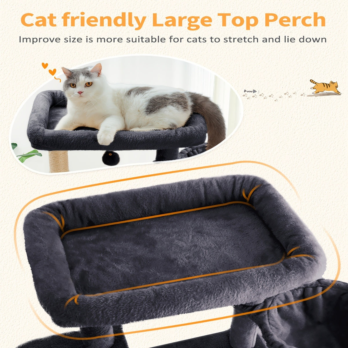 Cat Tree 68 Inch with Square Hammock and Two Condos, Multi-Level Indoor Cat Tower with Wide Perches and Sisal Scratching Posts in Grey or Light Grey