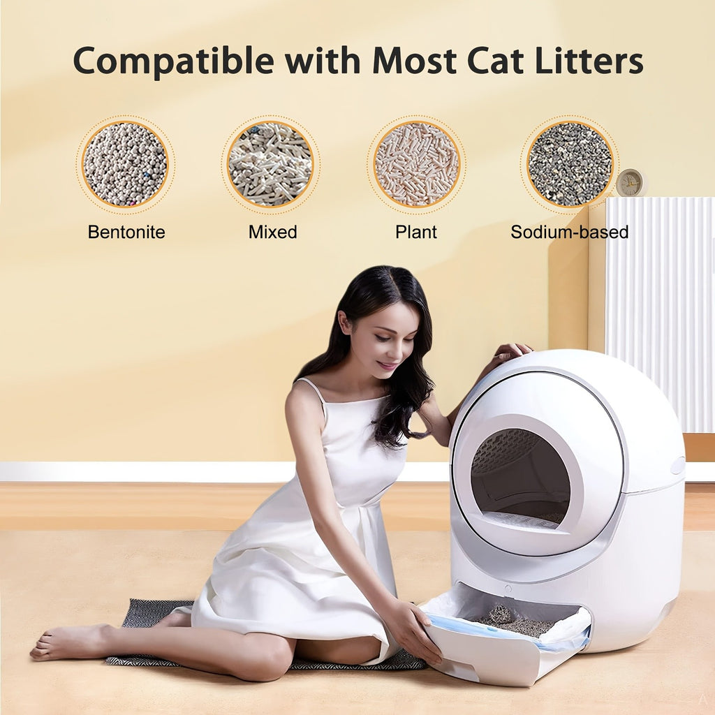 Self Cleaning Litter Box with App Control, White Automatic Cat Toilet with Odor Control Features and Waste Bags for Multi-Cat Household Cleanup