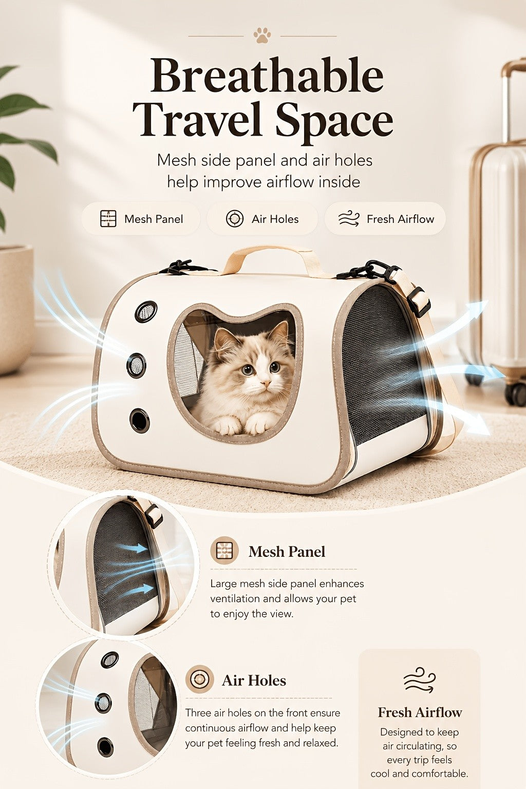 Cat Carrier with Cat-Face Viewing Window, Foldable Pet Travel Bag with Mesh Ventilation and Adjustable Shoulder Strap for Kittens and Small Dogs