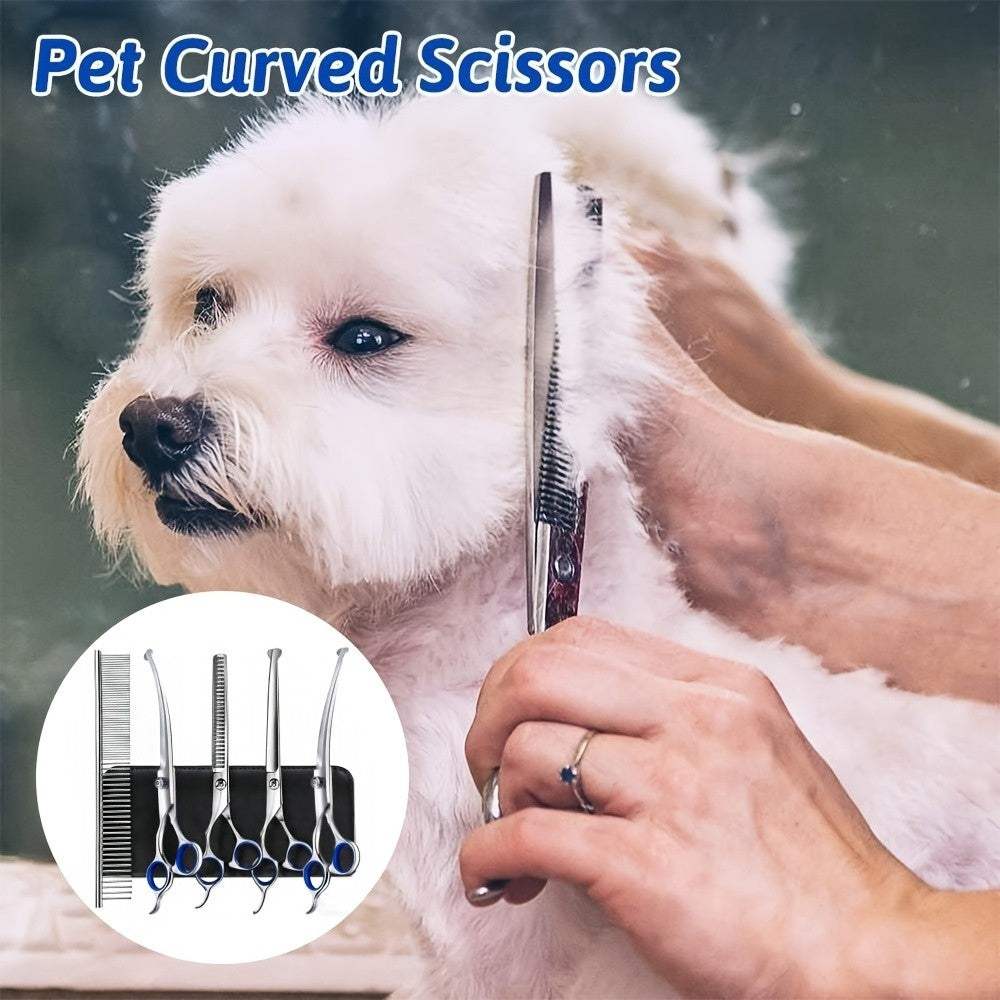 Rounded Tip Dog Grooming Scissors Kit, 7-Piece Stainless Steel Set with Straight, Thinning and Two Curved Shears, Comb, Cleaning Cloth and Storage Bag