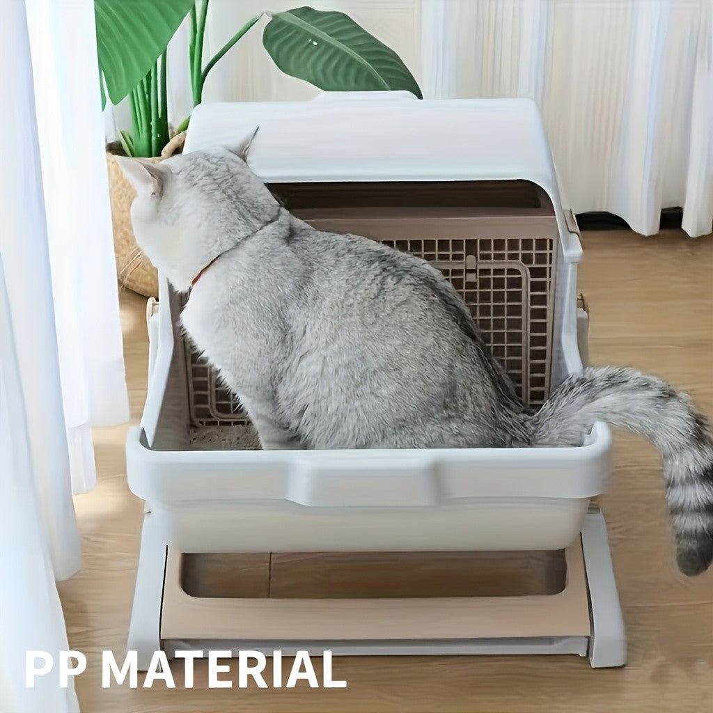 Cat Litter Box with Removable Grid, Rectangular Indoor Cat Pan in Beige or Pink for Everyday Pet Waste Management and Convenient Routine Cleaning