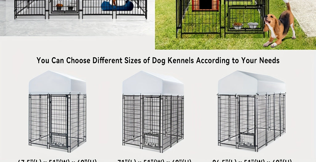Covered Outdoor Dog Kennel with 2 Rotating Bowls, Welded Steel Wire Dog Pen with Lockable Gate, 69-Inch Height and Two Length Options