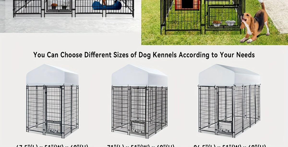 Covered Outdoor Dog Kennel with 2 Rotating Bowls, Welded Steel Wire Dog Pen with Lockable Gate, 69-Inch Height and Two Length Options