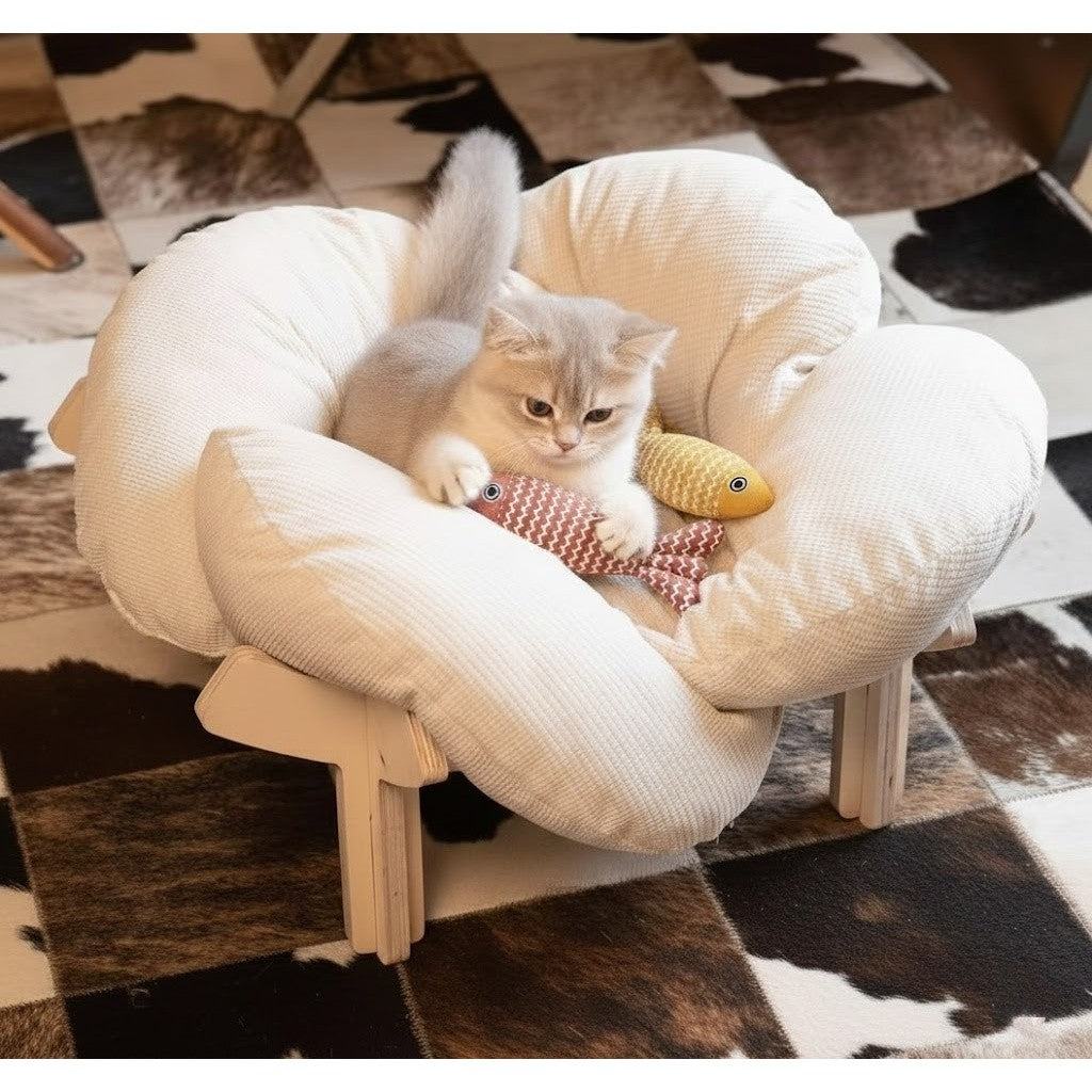 Pink Wooden Cat Lounge Bed with Soft Cushion, Elevated Indoor Pet Sofa Chair in Pink + Two Linen Fish Style for Cat Naps and Cozy Home Lounging