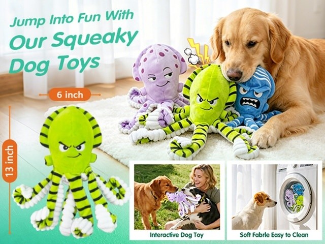 Octopus Dog Toys 3 Pack, Soft Plush Sound-Making Toy Set for Small, Medium and Large Dogs, Interactive Gentle Tug and Indoor Play