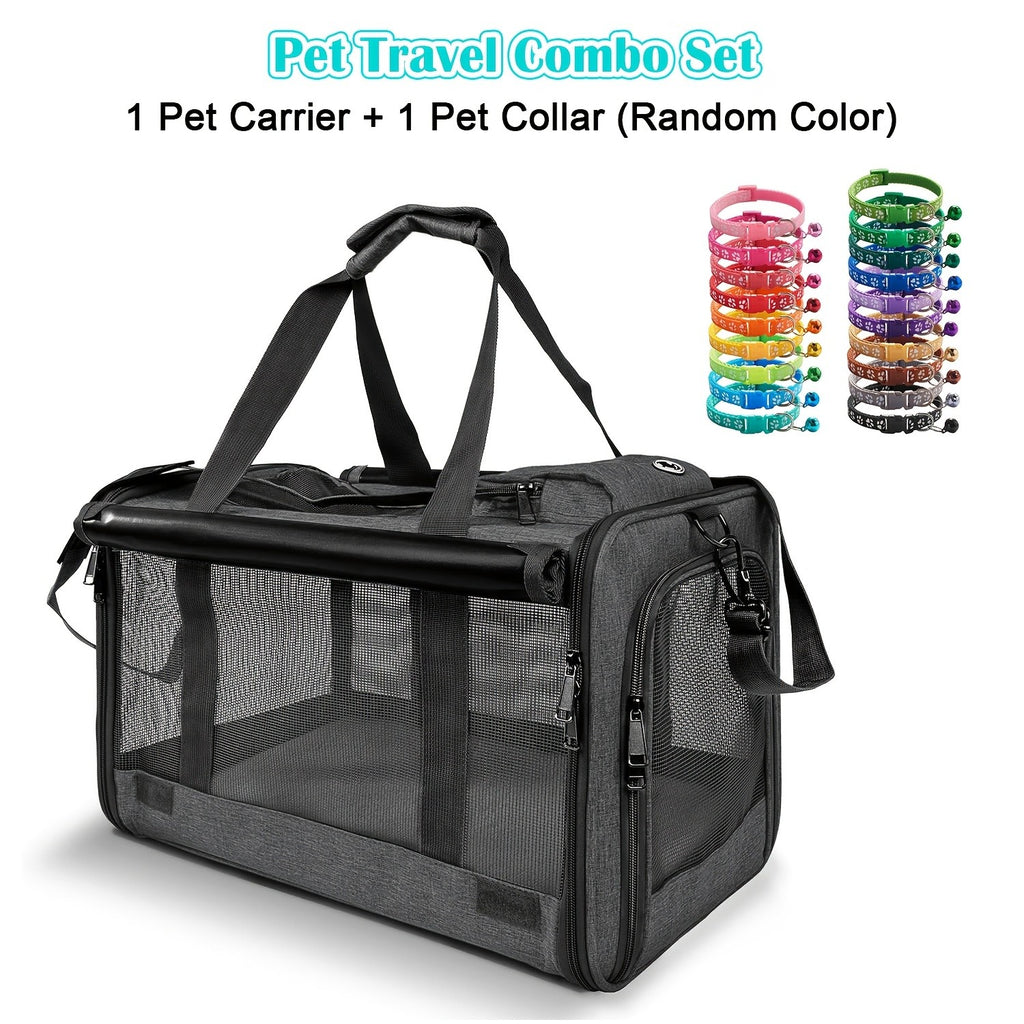 Cat Carrier Travel Set for Cats and Small Dogs, Soft-Sided Breathable Collapsible Pet Bag with Bowl, Collar or Pet Glove Bundle Options