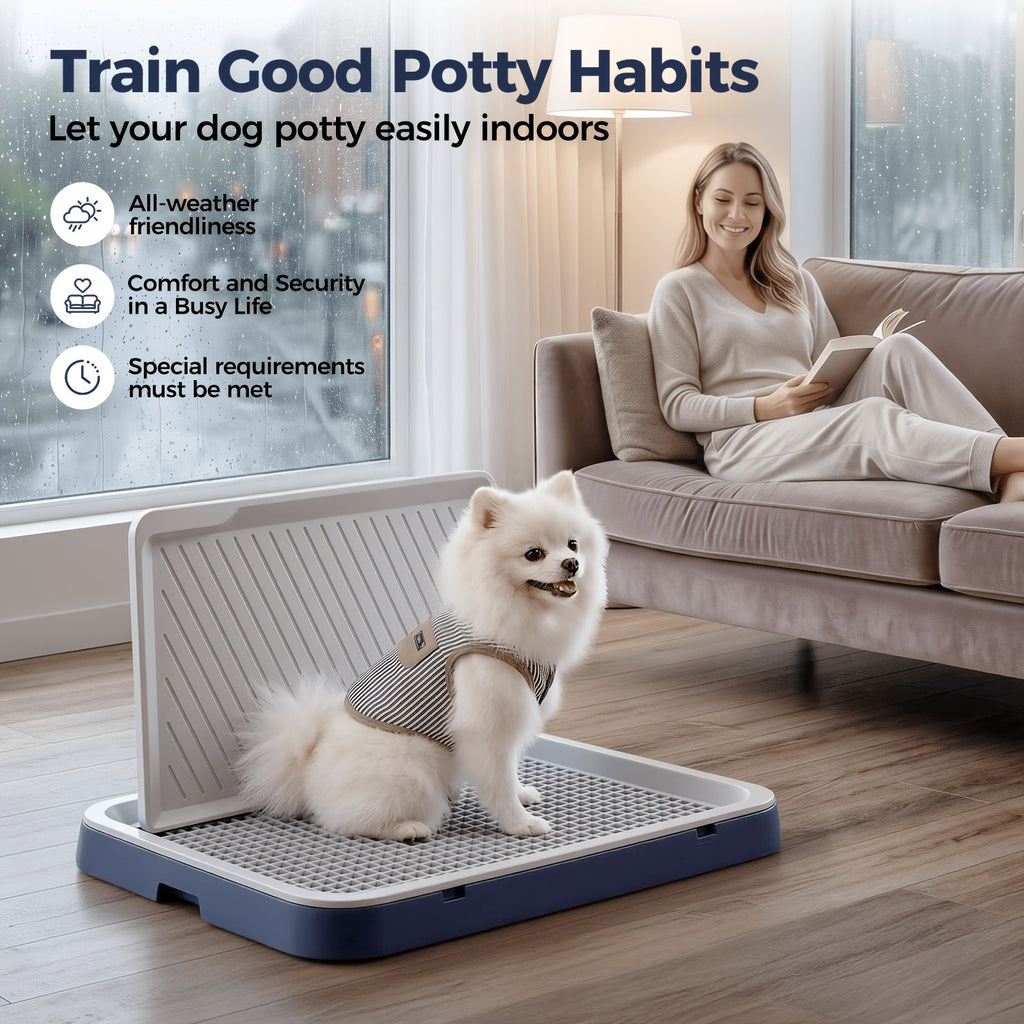 Dog Potty Tray with Splash Guard and Removable Grating, Indoor Puppy Training Toilet with Non-Slip Base in Blue-Gray or White and Gray