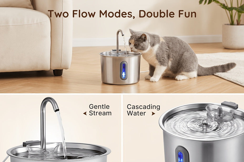 Cat Water Fountain with Filter and Sponge Bundles, 74oz 2.2L Stainless Steel Drinking Dispenser with Water Level Window for Indoor Cats and Small Dogs