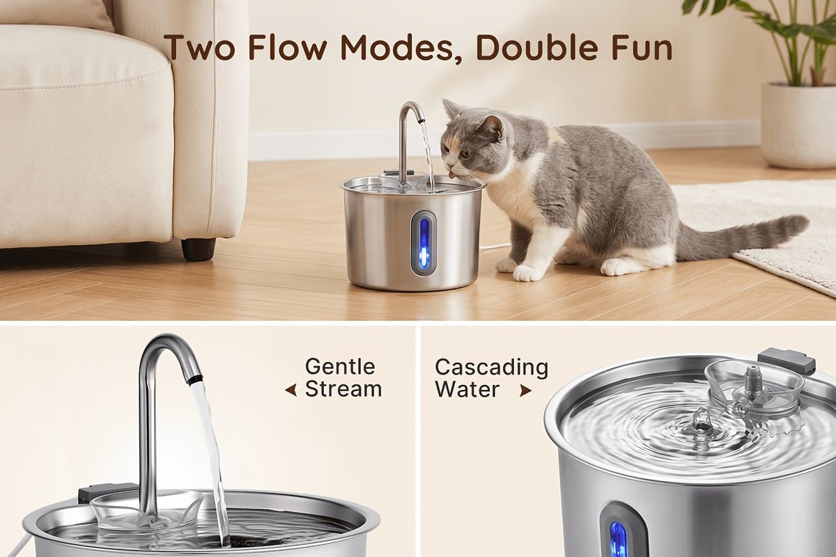 Cat Water Fountain with Filter and Sponge Bundles, 74oz 2.2L Stainless Steel Drinking Dispenser with Water Level Window for Indoor Cats and Small Dogs