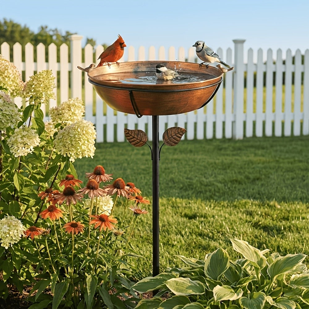 Outdoor Bird Bath with Removable Basin, 0.7 or 1.4 Gallon Garden Birdbath with Ground Stake, Decorative Bird Accents and Optional Solar Sprayer