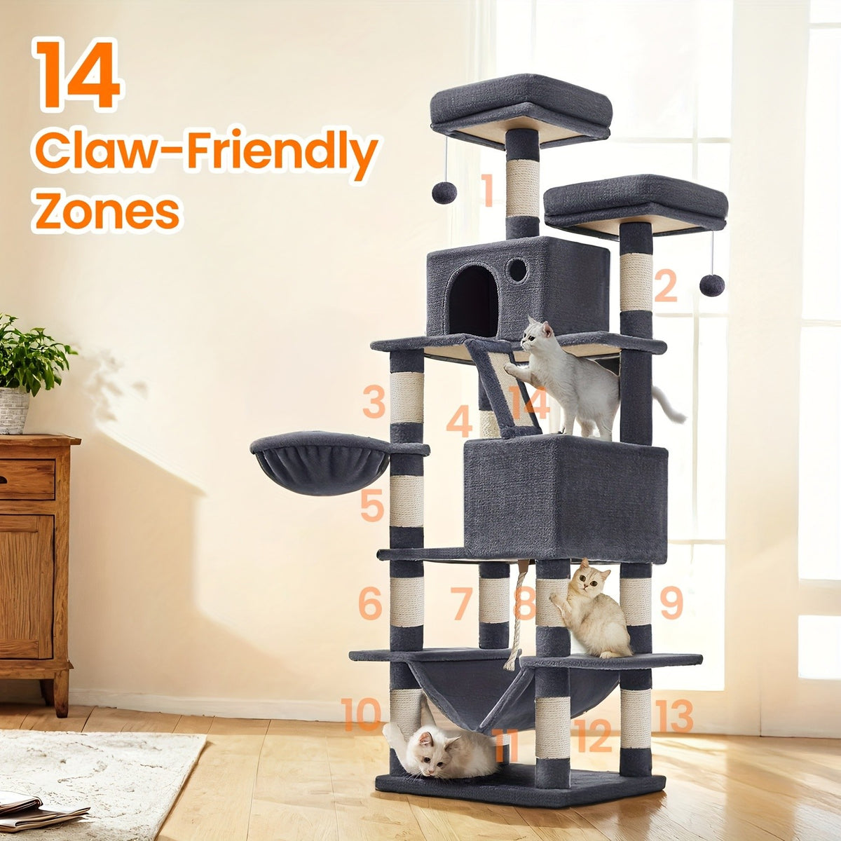Cat Tree 66.1 Inch with 13 Scratching Posts, Five-Level Indoor Tower with Two Caves, Padded Perches, Basket, Hammock and Scratching Ramp