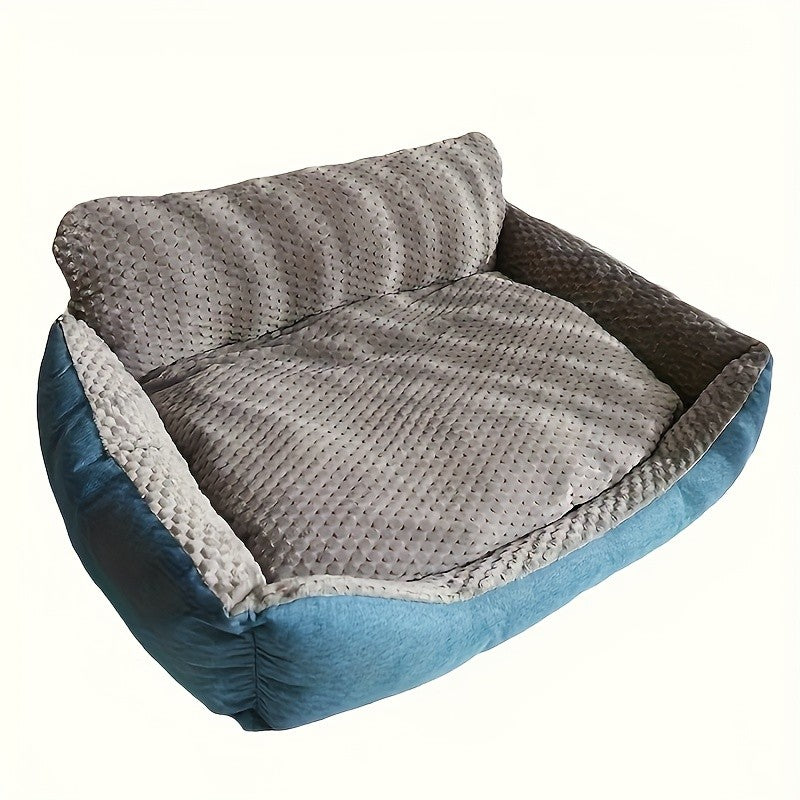 High Back Dog Sofa Bed with Plush Textured Cushion, Blue and Gray Bolster Pet Couch in Four Sizes for Small to Large Dogs and Cozy Indoor Rest