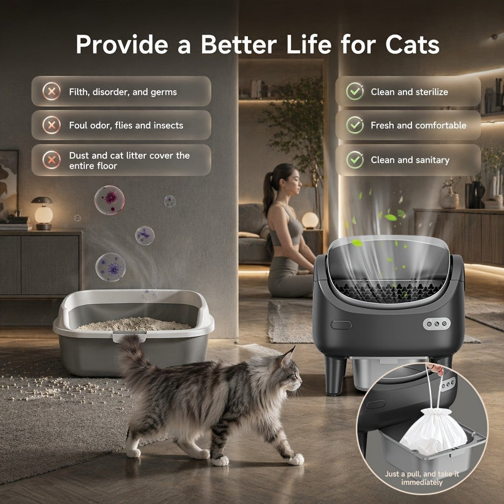 Sensor Equipped Self Cleaning Litter Box with Open Design, Extra Large Automatic Cat Toilet and Large Waste Compartment for Multi-Cat Homes