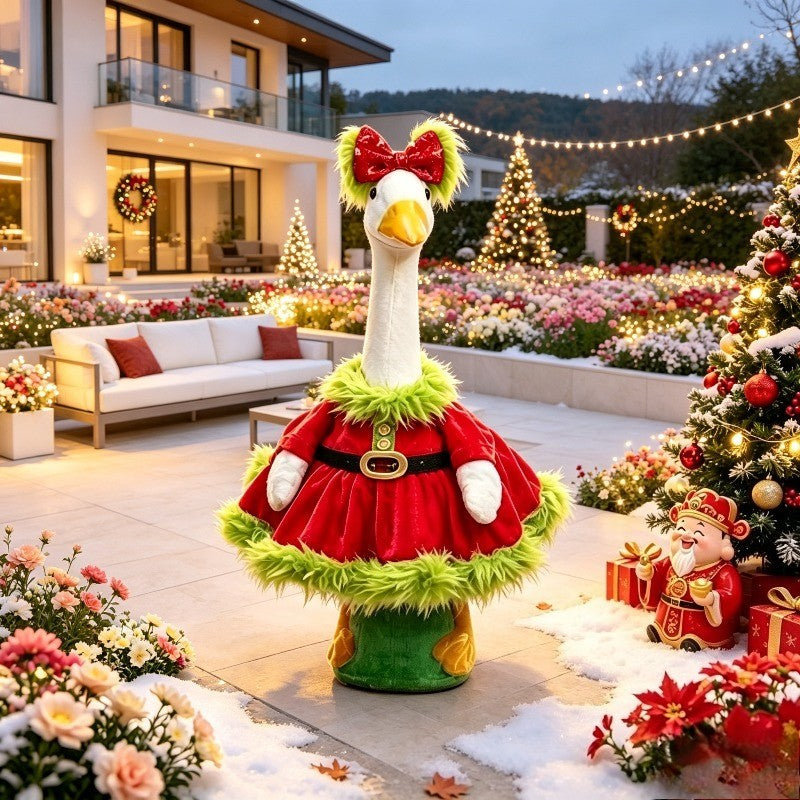 Red Sequin Bow Porch Goose Costume for 23-Inch Decorative Goose, Christmas Holiday Outfit with Green Plush Detail for Seasonal Entryway Decor