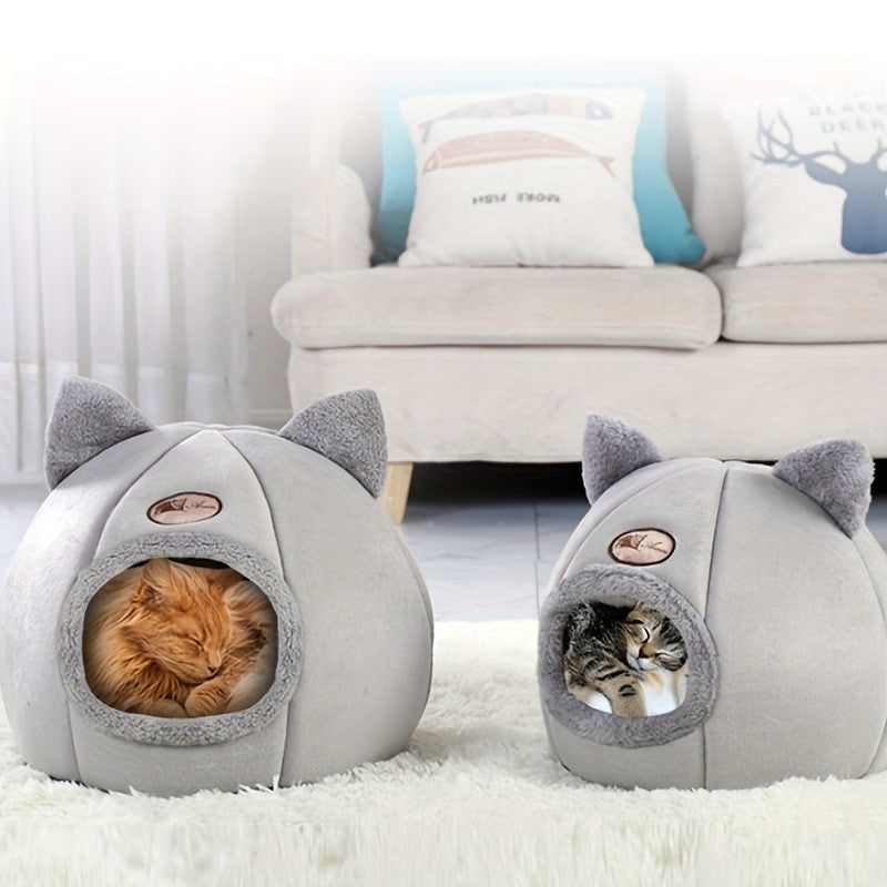 Cat Cave Bed with Cute Cat Ears for Indoor Cats and Kittens, Gray Enclosed Sleeping House with Rounded Entrance for Quiet Naps