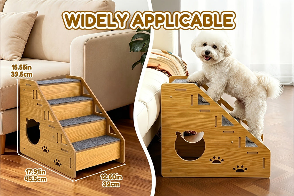 4-Step Dog Stairs for Small Dogs and Cats, Khaki Pet Steps with Non-Slip Treads and Paw Cutout Side Panels for Bed and Couch Access