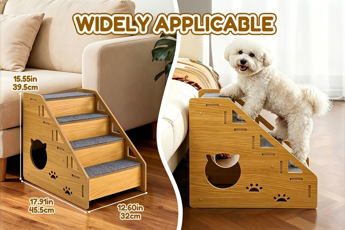 4-Step Dog Stairs for Small Dogs and Cats, Khaki Pet Steps with Non-Slip Treads and Paw Cutout Side Panels for Bed and Couch Access