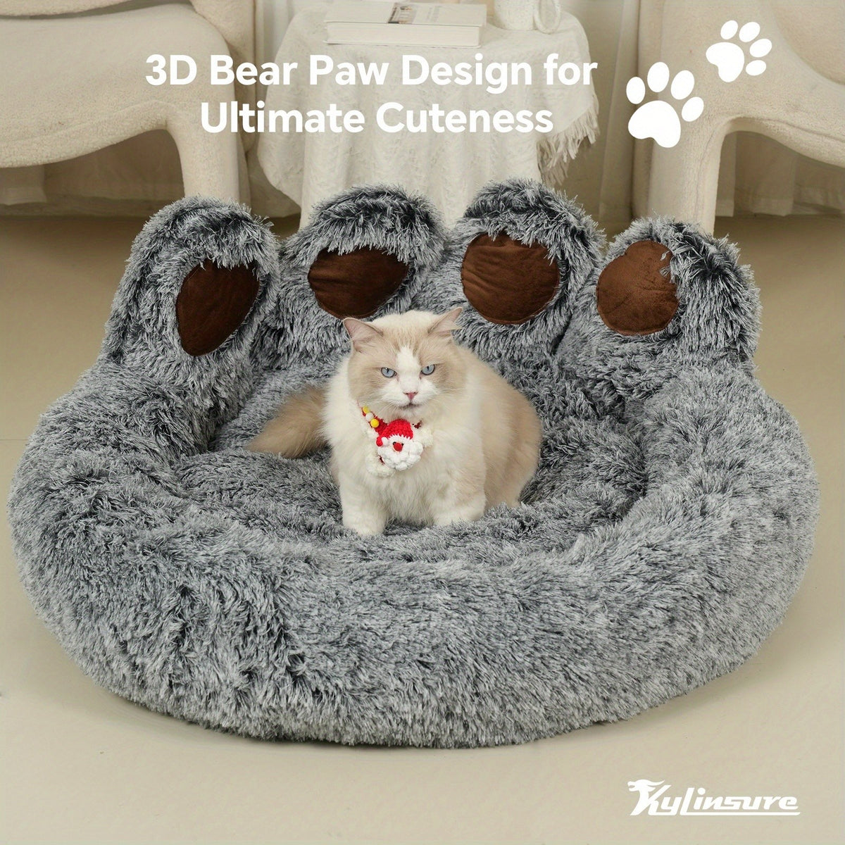 Gray Bear Paw Pet Bed with Scarf, Soft Plush Donut Sleeping Nest for Dogs and Cats with Raised Edges and Non-Slip Bottom, Five Sizes from 50 to 110 cm