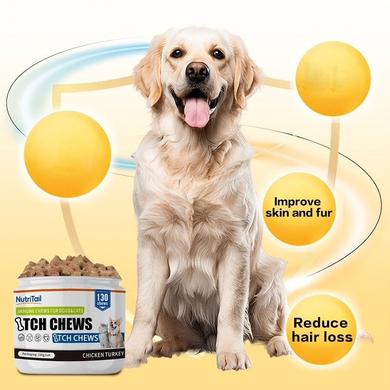 Pet Skin Care Chews for Dogs and Cats, NutriTail 200g Skin Chews with 130-Count Labeling, Probiotic and Quiet Moment Options for Daily Care