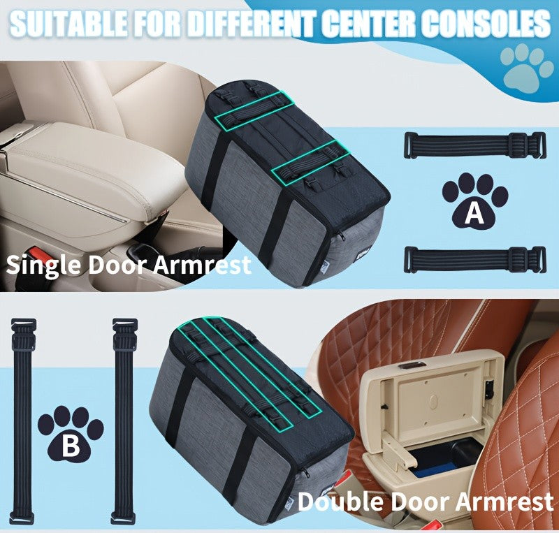 Center Console Dog Car Seat for Small Dogs and Cats up to 10 lbs, Plush-Lined Armrest Pet Travel Bag with Carry Straps, Khaki or Dark Gray